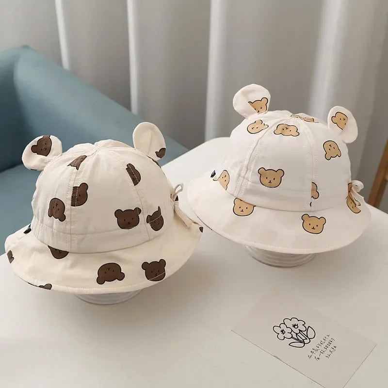Korea Cotton Baby Bucket Hat with Ears Boys Girls Cute Cartoon Bear Breathable Sun Fisherman's Hat Kids Outdoor Child Panama Cap