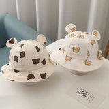 Korea Cotton Baby Bucket Hat with Ears Boys Girls Cute Cartoon Bear Breathable Sun Fisherman's Hat Kids Outdoor Child Panama Cap