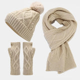 3Pcs/Set Women Hat Scarf Gloves Set For Autumn Winter Solid Color Plush Ball Beanie Half Finger Gloves Long Scarf Set