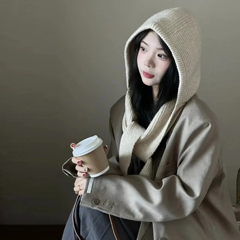 2025 Newest Knitted Balaclava Autumn Winter Solid Color Warm Beanie Shawl Earmuffs Hat One-piece Versatile Wool Hat For Women
