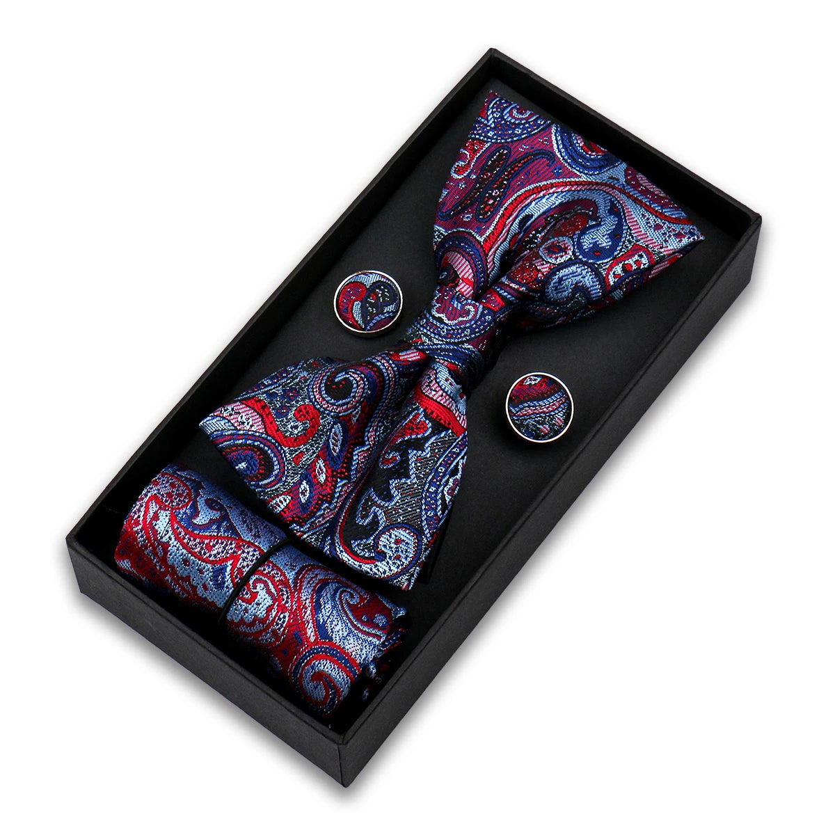 Bowtie Set For Men Gift Box Business Fashion Red Bow Tie Pocket Square Cufflinks Set Bowtie 3pcs For Wedding Hanky Cravatas Neck