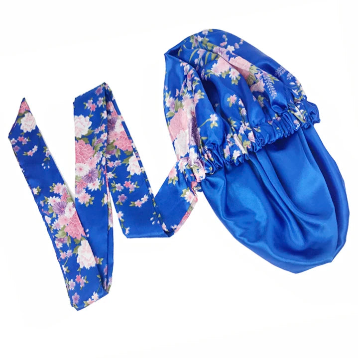 Soft Silky Print Satin Bonnet for Women Large Nightcap with Long Satin Ribbon Tie Band Bonnet Adjustable Wide Band Head Wrap Hat