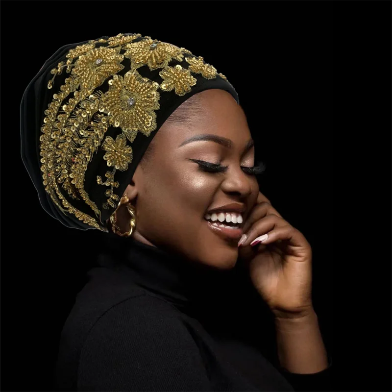 African Female Wrap Head Bonnet Muslim Turban Hat Lady Head Wraps Glitter Luminescence Beading Pleated Turban Cap for Women
