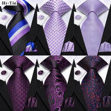 Hi-Tie Purple Lilac Floral Striped Silk Elegant Tie For Men Groom Wedding Men Necktie Pocket Square Cufflink Accessory Wholesale