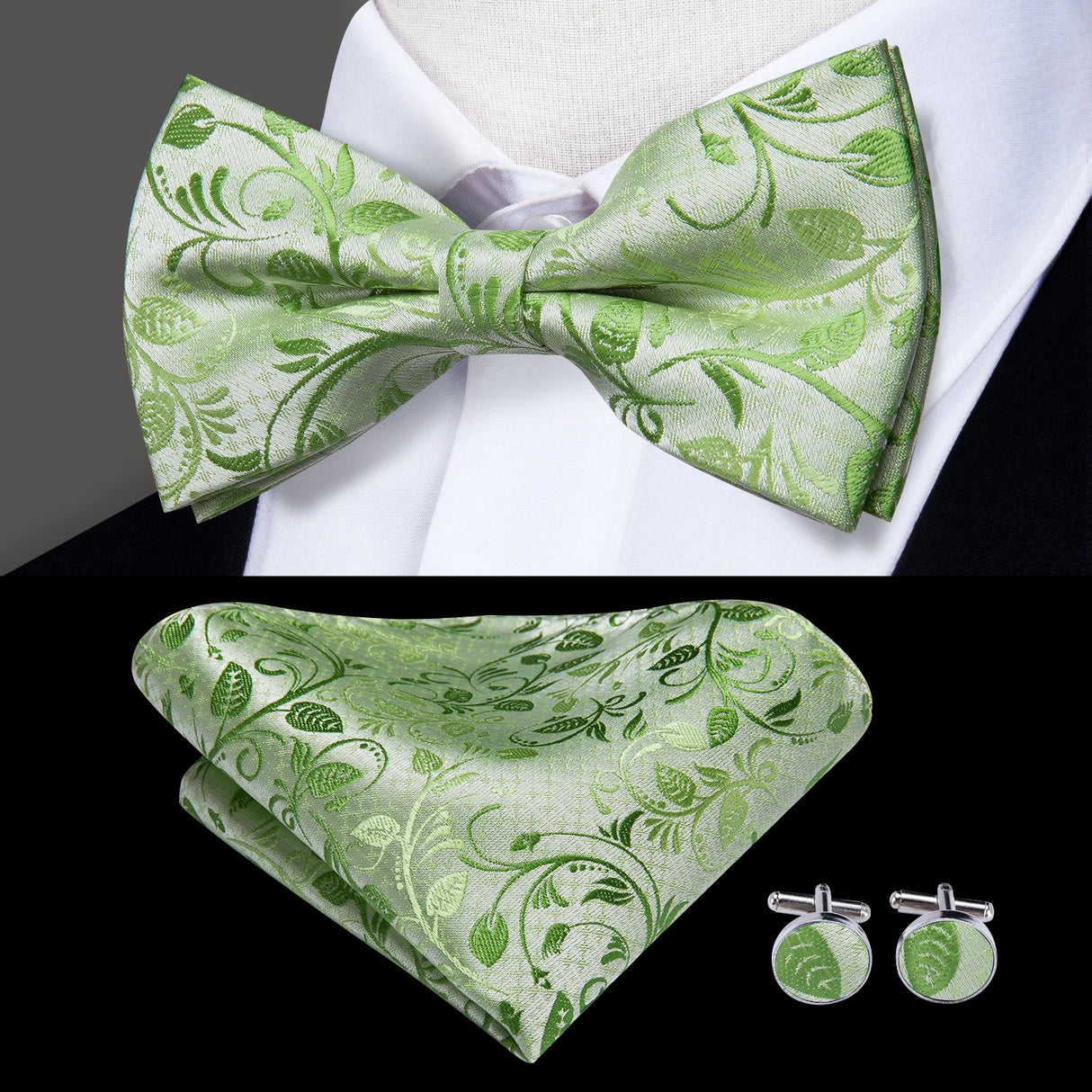 Hi-Tie Christmas Green Bow Ties for Men Silk Butterfly Tie Bow Tie Hanky Cufflinks Set Wedding Party Paisley Plaid Solid Bowtie