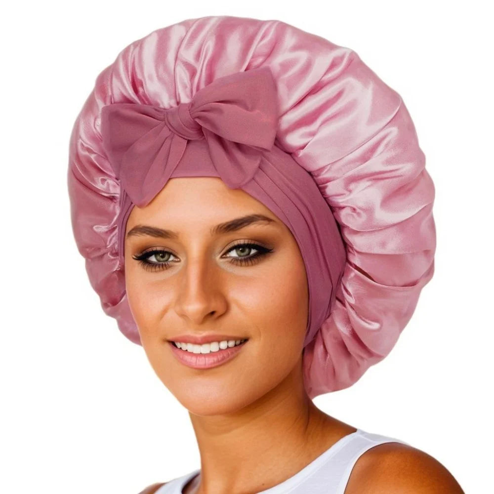 New Satin Sleeping Cap For Women Solid Wide Band Stretch Head Tie Silky Bonnet Edge Wrap Nightcap Hair Care Shower Head Cover