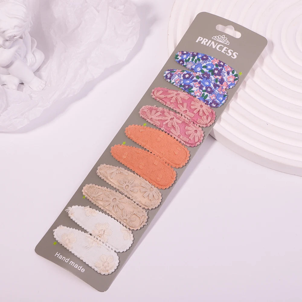 10Pcs/set 2.2'' Printed Embroidery Waterdrop Shape Hair Clips For Cute Girls BB Hairpin Barrettes Headwear Kids Hair Accessories