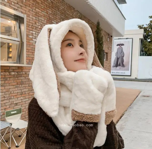 Hat Scarf Gloves all-in-one three-piece Winter Sweet Cute Rabbit Ears Plush Scarf Hat Outdoor Warm Cap