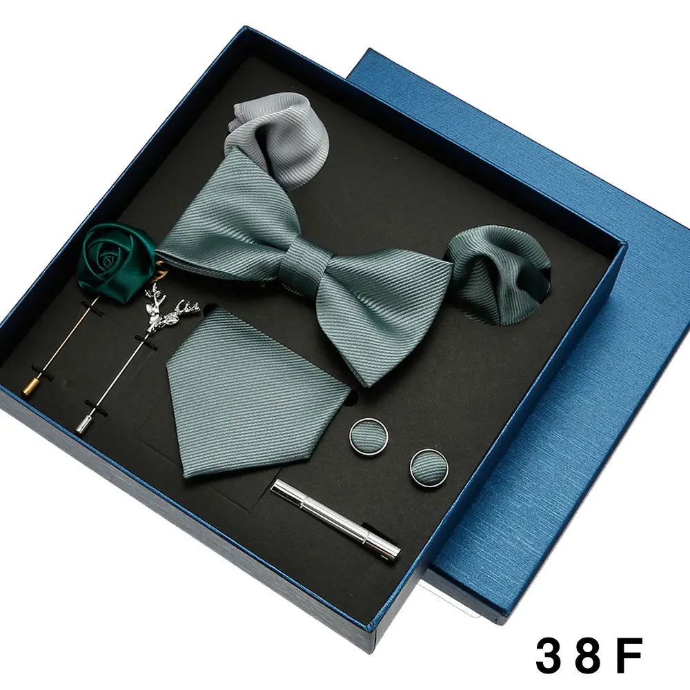 Plain Tie Set For Men Solid Color Necktie Pocket Square Brooch Gift Box For Wedding Business Luxury 8pcs Mens Gift Gravatas