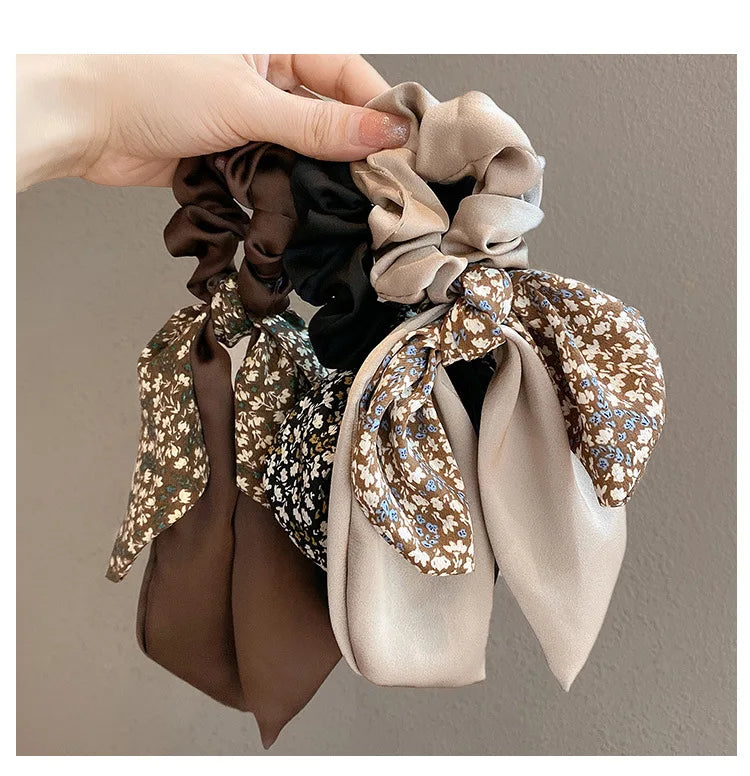 2024 New Korean Floral Bowknot Hair Ties for Women Girls Sweet Elastics Long Ribbon Ponytail Scarf Hair Tie Hair Accessories