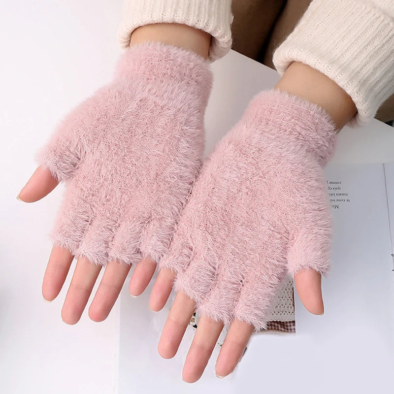 Imitation Mink Plush Cat Claw Knitted Gloves Women Cute Winter Warm Fluffy Touchscreen Gloves Men Outdoor Half Finger Mittens