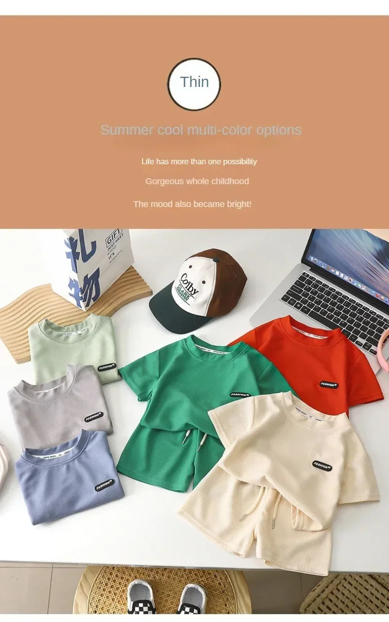 2Pcs Fashion Children Short Sleeve Shorts Sets Summer Kids Clothes Boy Girl Baby Cotton Tee Pant Outfits Soild Color Tracksuits