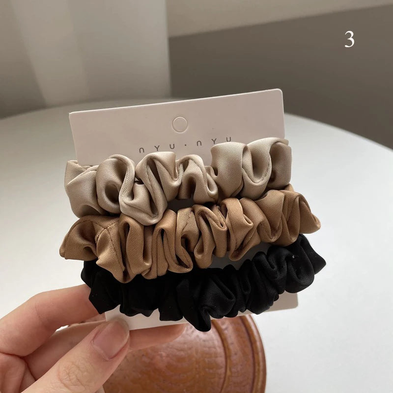 Silk Elastic Hair Bands Ponytail Holder Hair Tie Handmade White Black Coffee Hair Elastics 3Pcs Silky Satin Scrunchies Headwear
