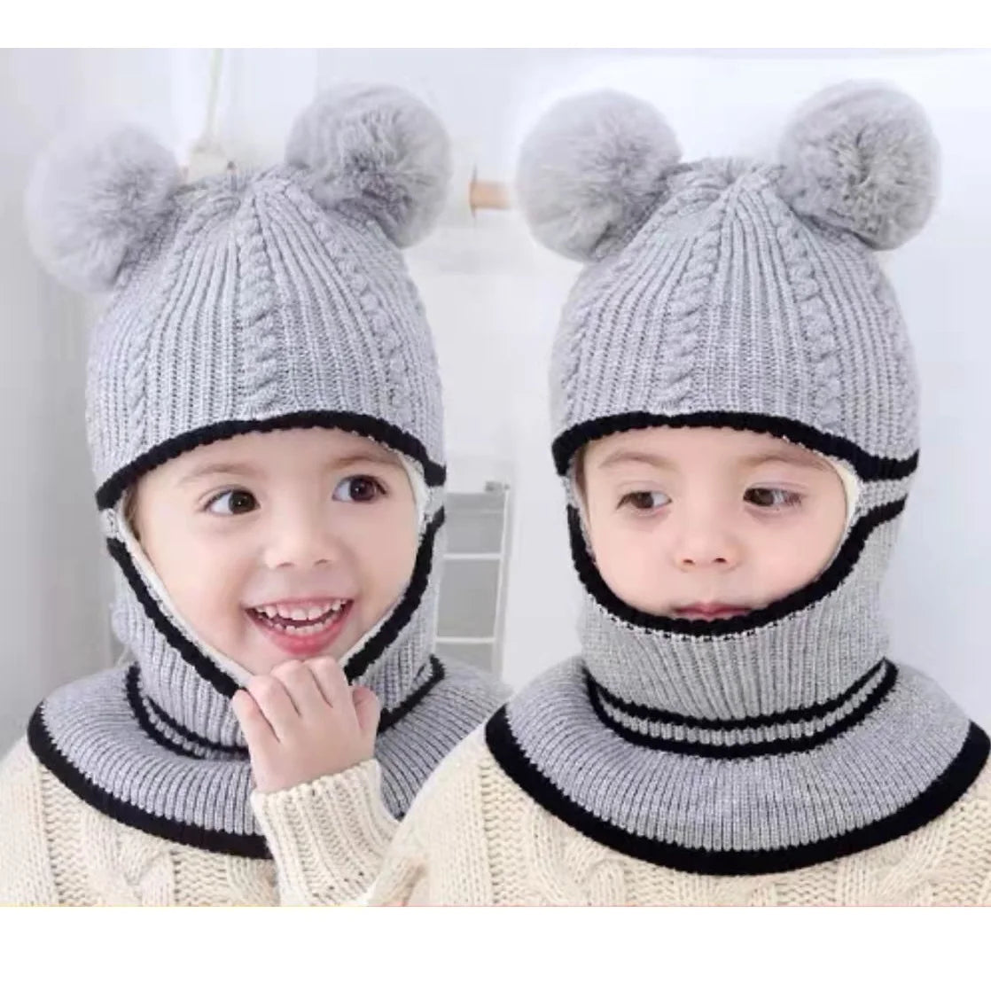 2-4year kid's knitted hat winter warm woolen hat  mask scarf one-piece