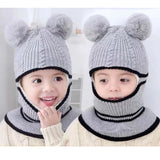 2-4year kid's knitted hat winter warm woolen hat  mask scarf one-piece