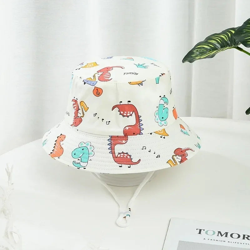 Cute Cartoon Printing Bucket Baby Hat Cotton Breathable Kids Fisherman Hat Infant Toddle Sun Hat with Drawstring for 1-5 Years