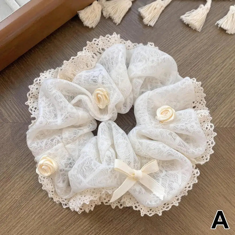 French Lace Pearl Rose Flower Elastics Hair Band For Women Cream White Scrunchies Hair Ties Ponytail Holder Hair Accessories