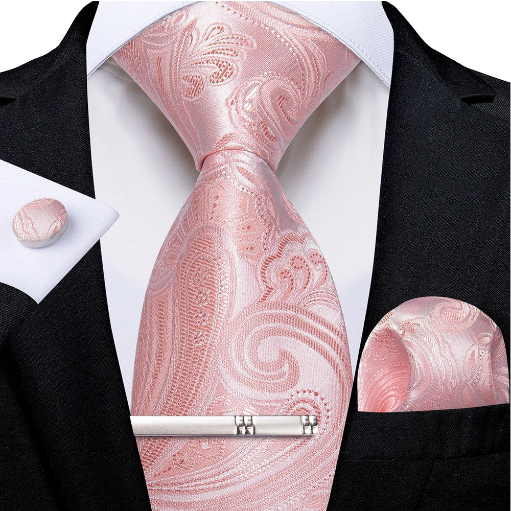 Pink Striped Floral Solid Paisley 8cm Silk Men's Tie Set Handkerchief Cufflinks Wedding Business Prom Accessories Tie Cravat