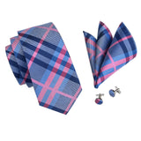 Mens Necktie Luxury 8.5cm Wide Blue Purple Plaid Silk Wedding Tie Pocket Square Cufflink Set Brooch Gift For Men Hi-Tie Designer