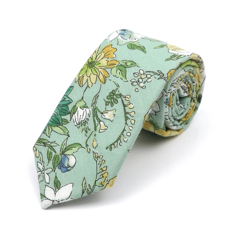 New Style Floral Printed 6cm Tie Blue Green Purple Skinny 100% Cotton Necktie For Men Women Wedding Party Suits Shirt Accessory