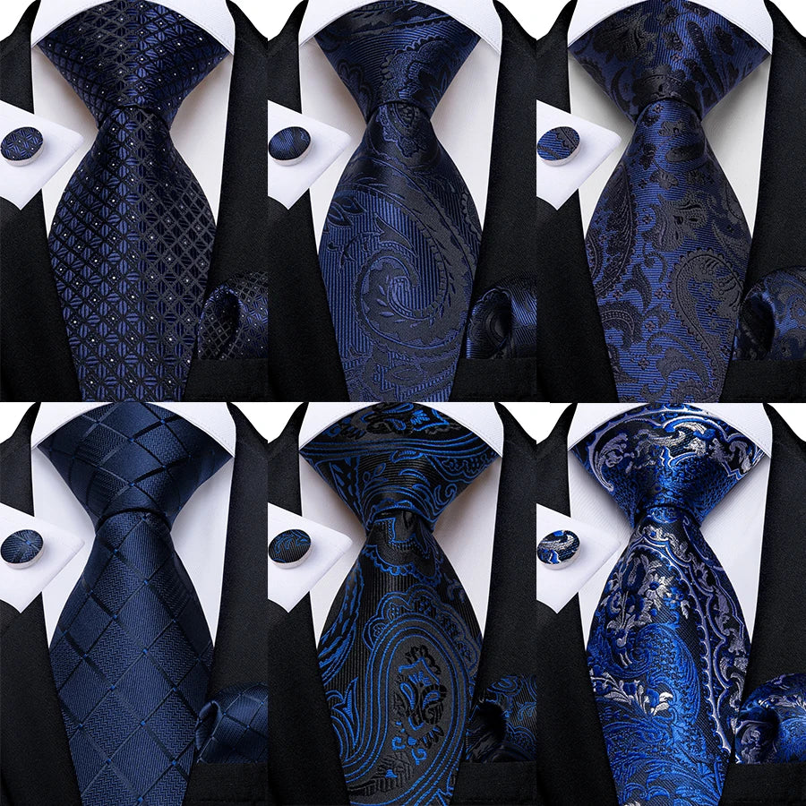 Elegant Blue Floral Paisley Men's 8cm Silk Tie Set with Pocket Square Cufflinks Business Suits Accessories Groom Wedding Cravat