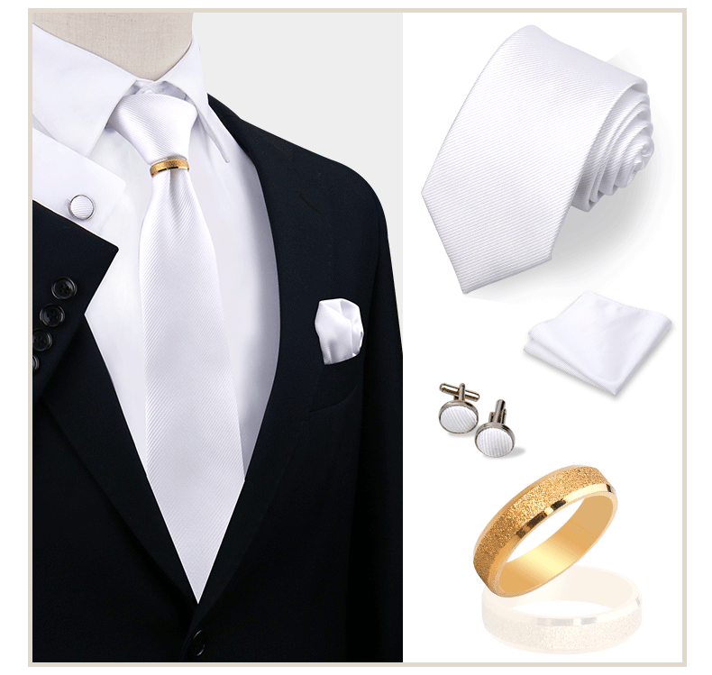 Luxury Solid Silk Ties Set For Men Necktie Handkerchief Cufflinks With Gold Metal Ring Brooch Suit Wedding Party Men Accessories