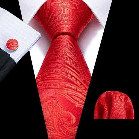 Red Silk Wedding Necktie Jacquard Woven Striped Ties For Men Tie Handkerchief Cufflink Set Barry.Wang Fashion Designer FA-5028