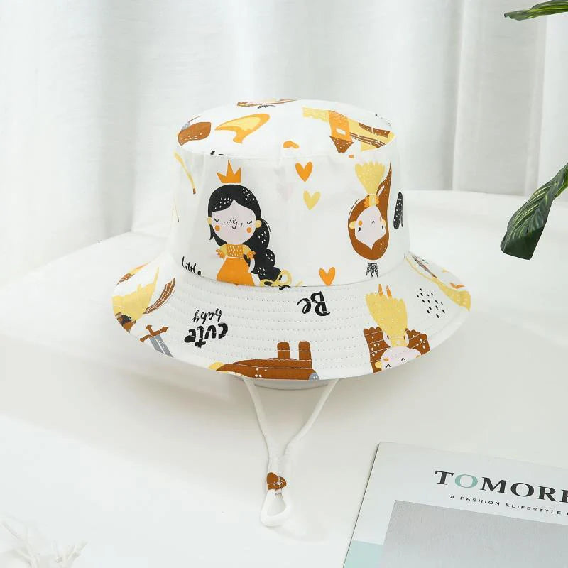 Cartoon Printing Baby Bucket Hat Cotton Breathable Kids Fisherman Hat Infant Toddle Sun Hat With Drawstring