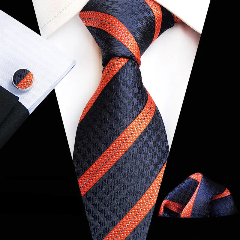 Orange Novelty Ties For Men Plaid Flower Design Silk Wedding Necktie For Men Hanky Cufflinks Gifts Business Party Suit Bow Tie