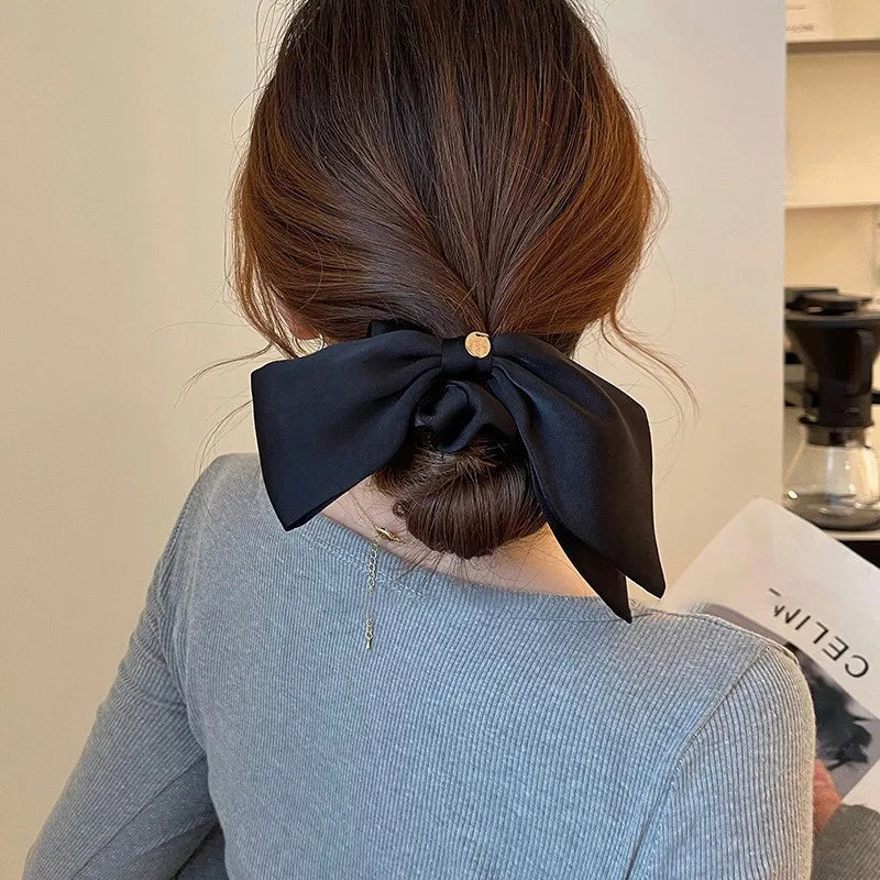 Korean Woman Large Elegant Silk Elastics Hair Band Black Satin Bow Scrunchies Hair Ties Ladies Ponytail Hold Hair Accessories