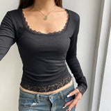 Sexy Black T-shirt Women Autumn New Lace Tees Fashion Streetwear O-Neck Casual Slim Long Sleeves T-shirt Female Versatile Top