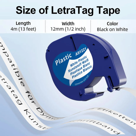 For Letratag Label Tape 12mm Plastic/Paper/Fabric Cartridge Black on White 91201 for Dymo LetraTag LT-100H Labelmaker 200B QX50