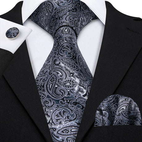 Fashion Mens Ties Set Silk Gray Black Silver White Striped Plaid Solid Paisley Floral Neck Tie Hankderchief Cufflinks Barry·Wang