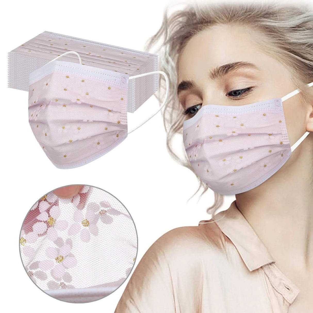 50pcs Mask Adult Net Yarn Flowers Four-Layer Disposable Protective Printing Mask Mouth Face Mask Breathable Earloops