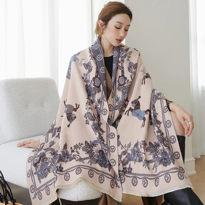 2023 Luxury Floral Print Scarf for Women Warmer Winter Cashmere Pashmina Scarves Shawls Female Thick Blanket Wraps Foulard