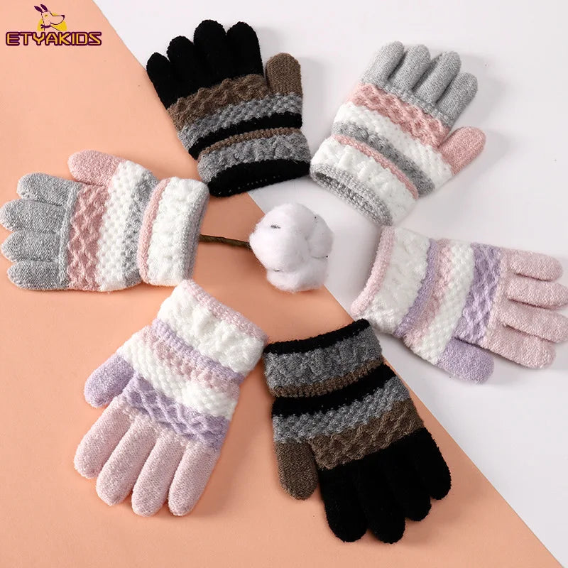 1Pairs Winter Warm Baby Gloves Cute Striped Split-finger Kindergarten Boys Girls Kids Knitted Gloves for 3-8 Years