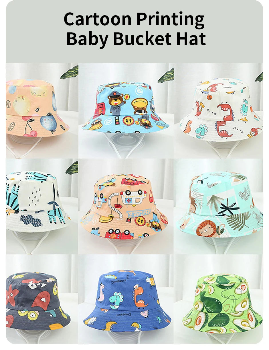 Cartoon Printing Baby Bucket Hat Cotton Breathable Kids Fisherman Hat Infant Toddle Sun Hat With Drawstring