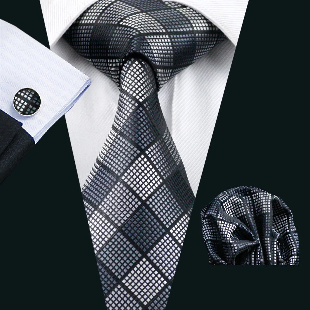 Fashion Mens Ties Set Silk Gray Black Silver White Striped Plaid Solid Paisley Floral Neck Tie Hankderchief Cufflinks Barry·Wang