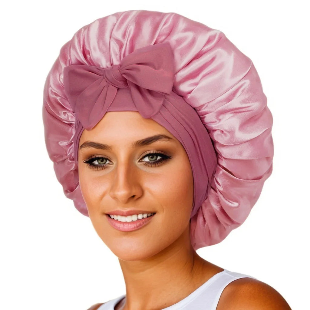New Satin Sleeping Cap For Women Solid Wide Band Stretch Head Tie Silky Bonnet Edge Wrap Nightcap Hair Care Shower Head Cover