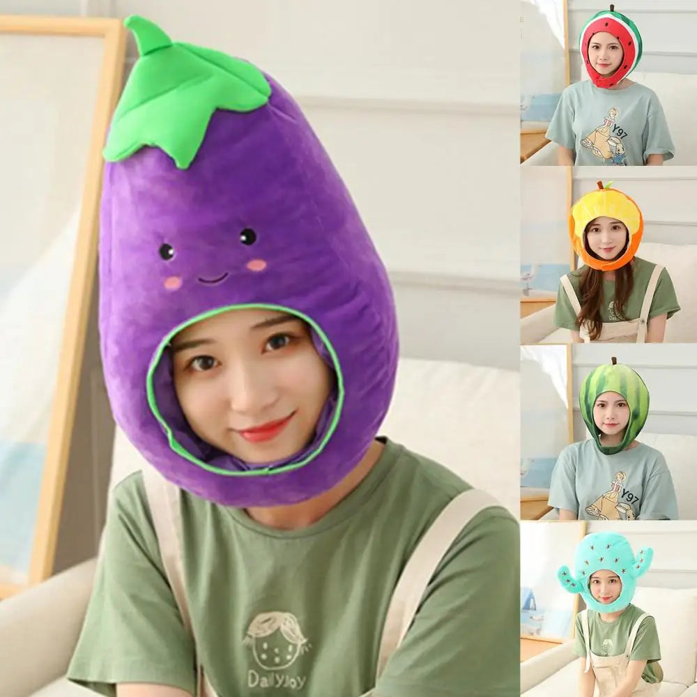 Funny Hat for Women Men Cactus Eggplant Watermelon Sunflower Soft Plush Doll Headgear Hat Sleeping Toy