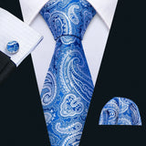 New Blue Silk Ties High Quality For Men Classic Plaid Woven Handkerchife Cufflinks Sets Groom Wedding Designer Barry.Wang 1535