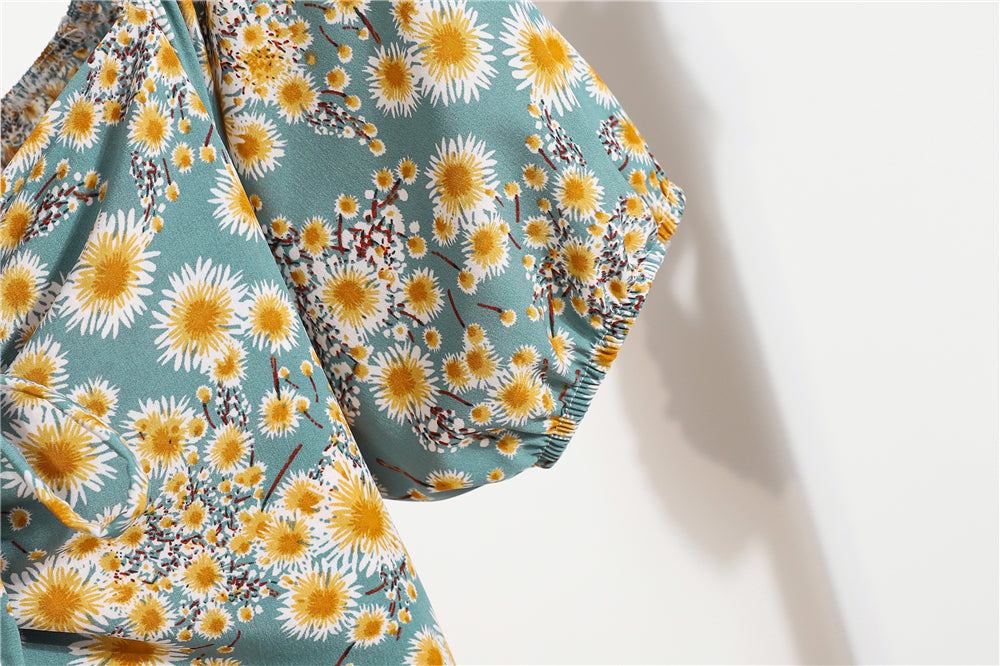 Mini robes d'été pour femmes, mode féminine, imprimé floral, en mousseline de soie, froncée, manches courtes bouffantes, robe décontractée