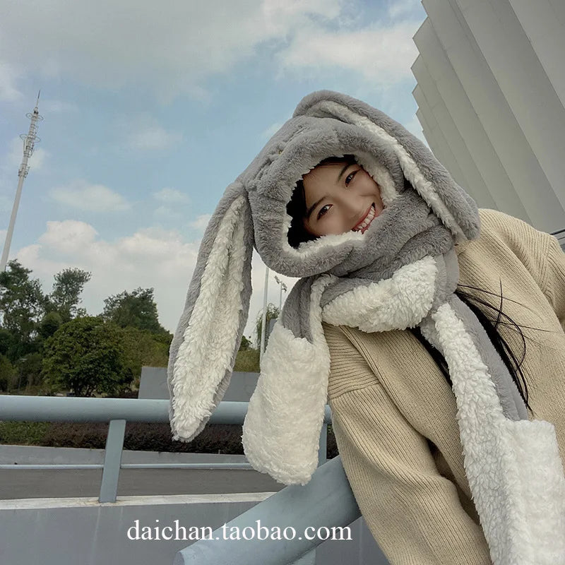 2023 New Fashion Scarf Hat Glove Women Cute Big Ear Bunny Beanie Winter Warm Soft Thickening Pocket Warm Ear Hats Hooded Skullie