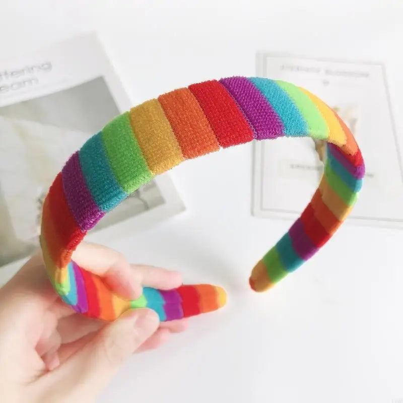 49MB Women Girls Autumn Winter Plush Headband Rainbow Colorful Striped Elastic Hair Hoop Festival Party Wash Face Styling