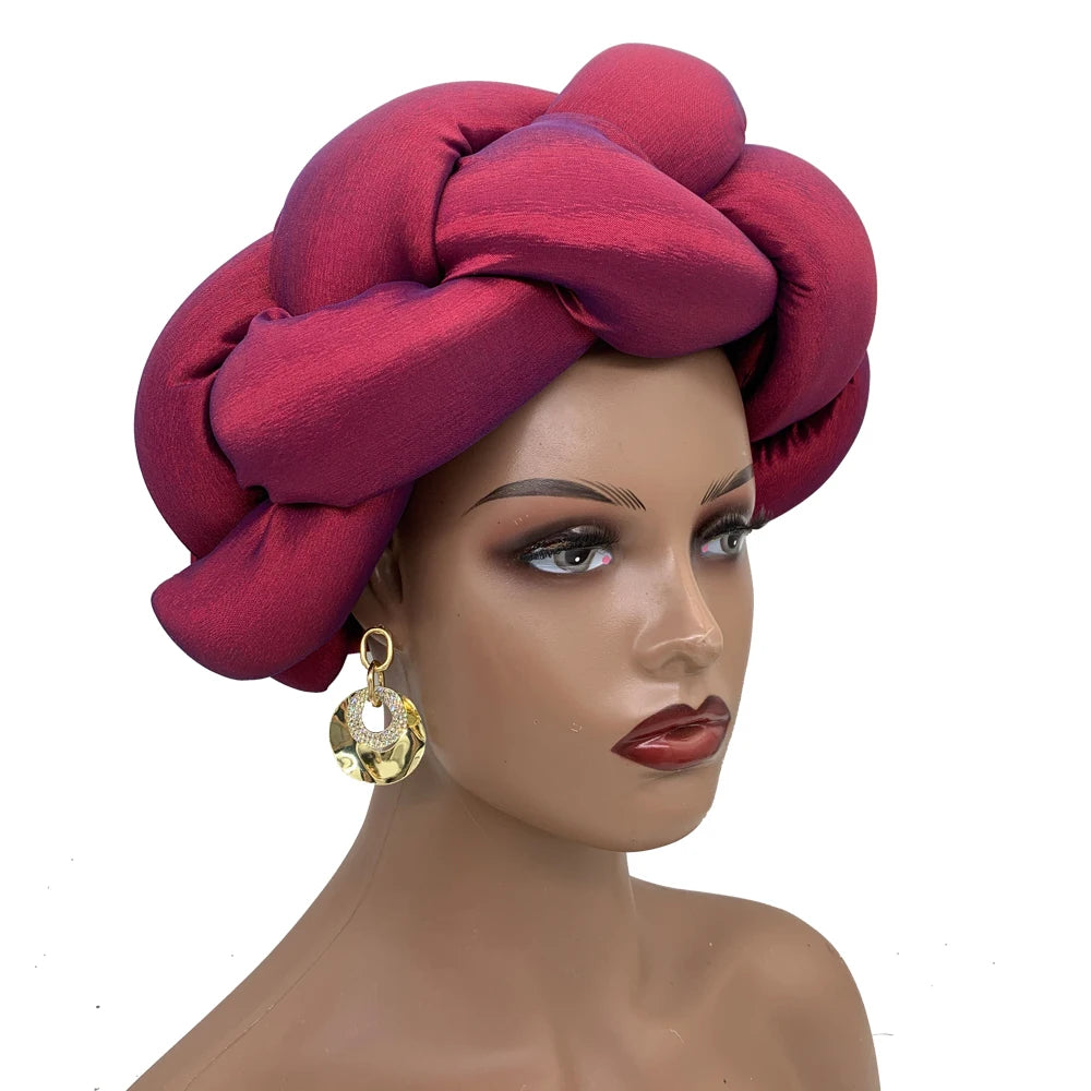 Exaggerated Big Braid Head Band African Raw Silk Turban Cap for Women Nigeria Wedding Party Headpiece Female Headband