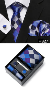 Gravatas For Men Newest design Silk Tie Handkerchief Cufflink Set Necktie Box Striped Blue Office