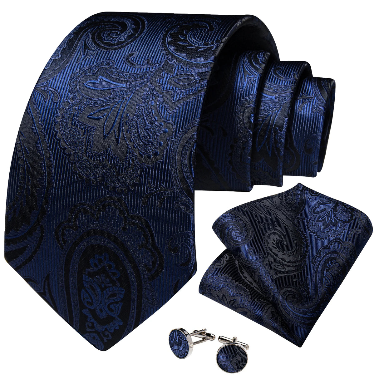 Elegant Blue Floral Paisley Men's 8cm Silk Tie Set with Pocket Square Cufflinks Business Suits Accessories Groom Wedding Cravat