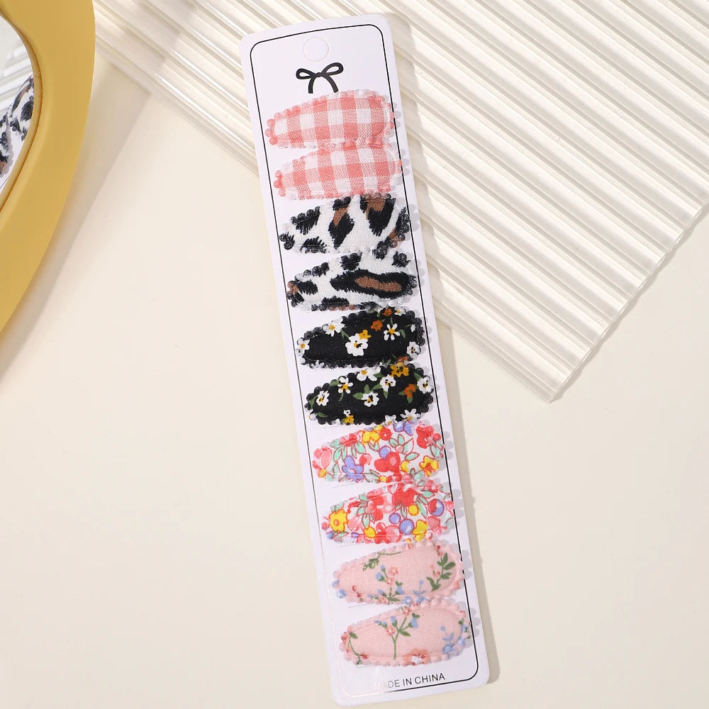10Pcs/set 2.2'' Printed Embroidery Waterdrop Shape Hair Clips For Cute Girls BB Hairpin Barrettes Headwear Kids Hair Accessories