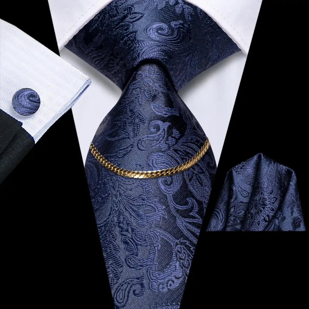 Hi-Tie Business Black Luxury Plaid Mens Tie Silk Neckties  Fashion Tie Chain Hanky Cufflinks Set Design Gift For Men Wedding