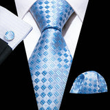 New Blue Silk Ties High Quality For Men Classic Plaid Woven Handkerchife Cufflinks Sets Groom Wedding Designer Barry.Wang 1535